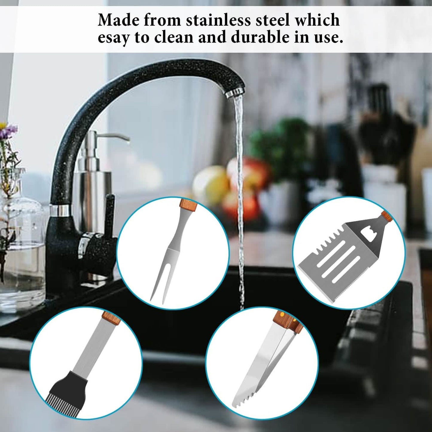 4-Pack: Stainless Steel BBQ Grill Tool Set