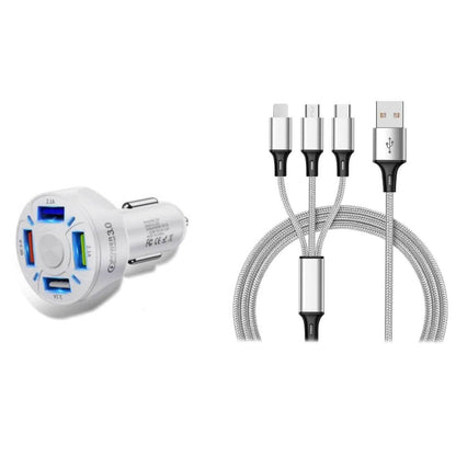 4 Port LED Car Charger + 3-in-1 Cable Combo