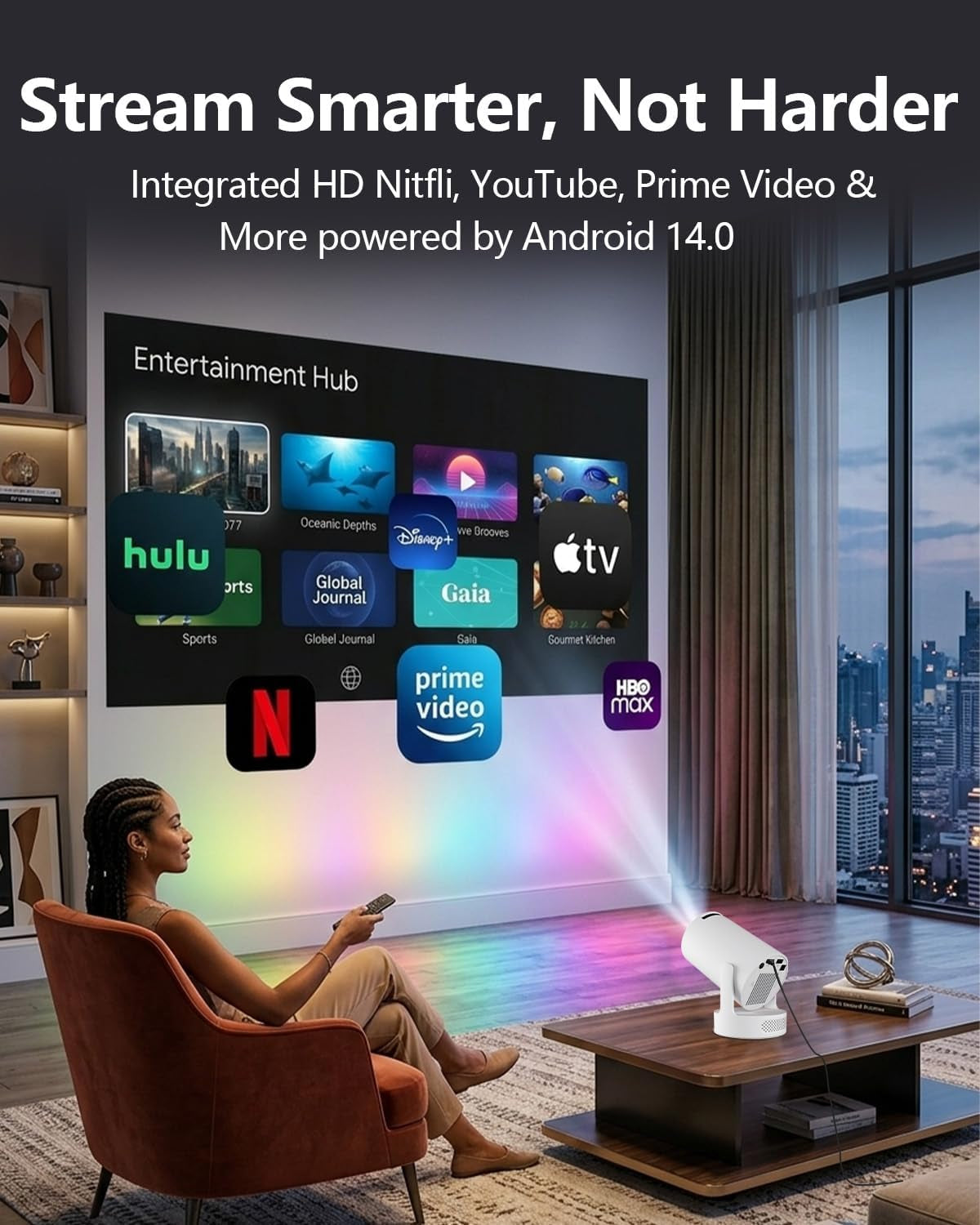 HY300 PRO Projector with Android 11, 4K Support 1080P Full HD, 160 ANSI Smart Projector, Wifi 6 & Bluetooth 5.4, 210° Rotation, Auto Keystone & Motorized Focus, Portable Projector for Outdoor/Home