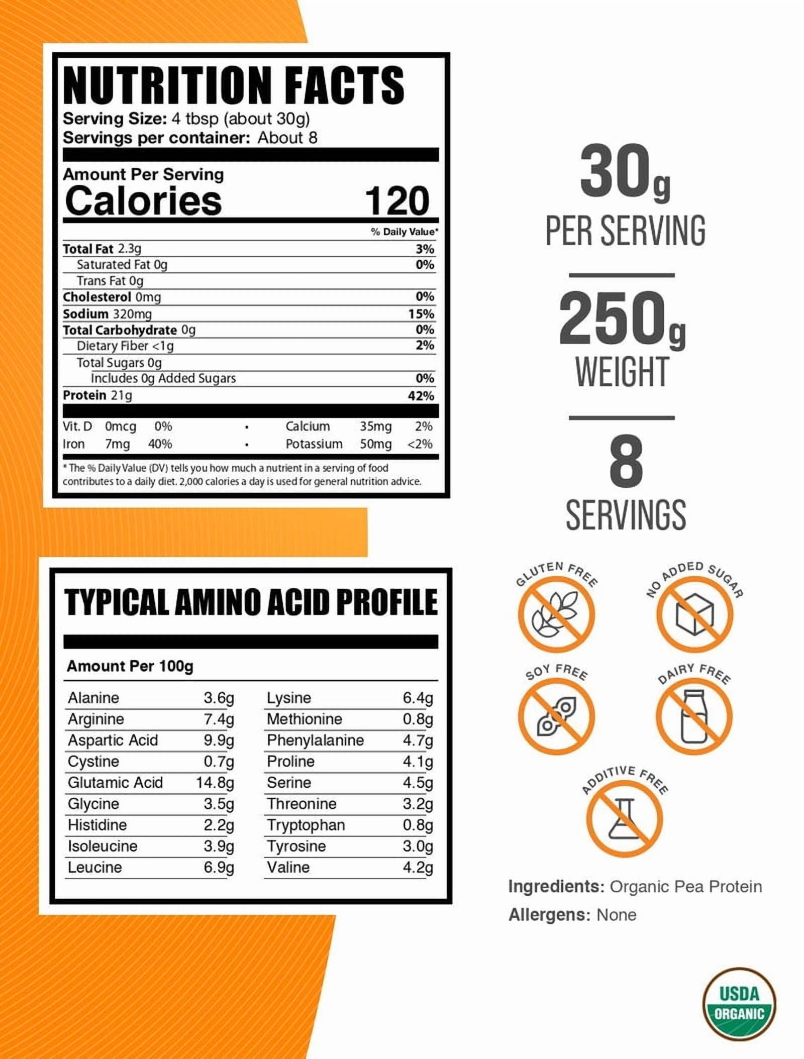 Bulksupplements Organic Pea Protein Powder - Vegan Protein Supplement, Unflavored - 30G per Serving, 250G (8.8 Oz)