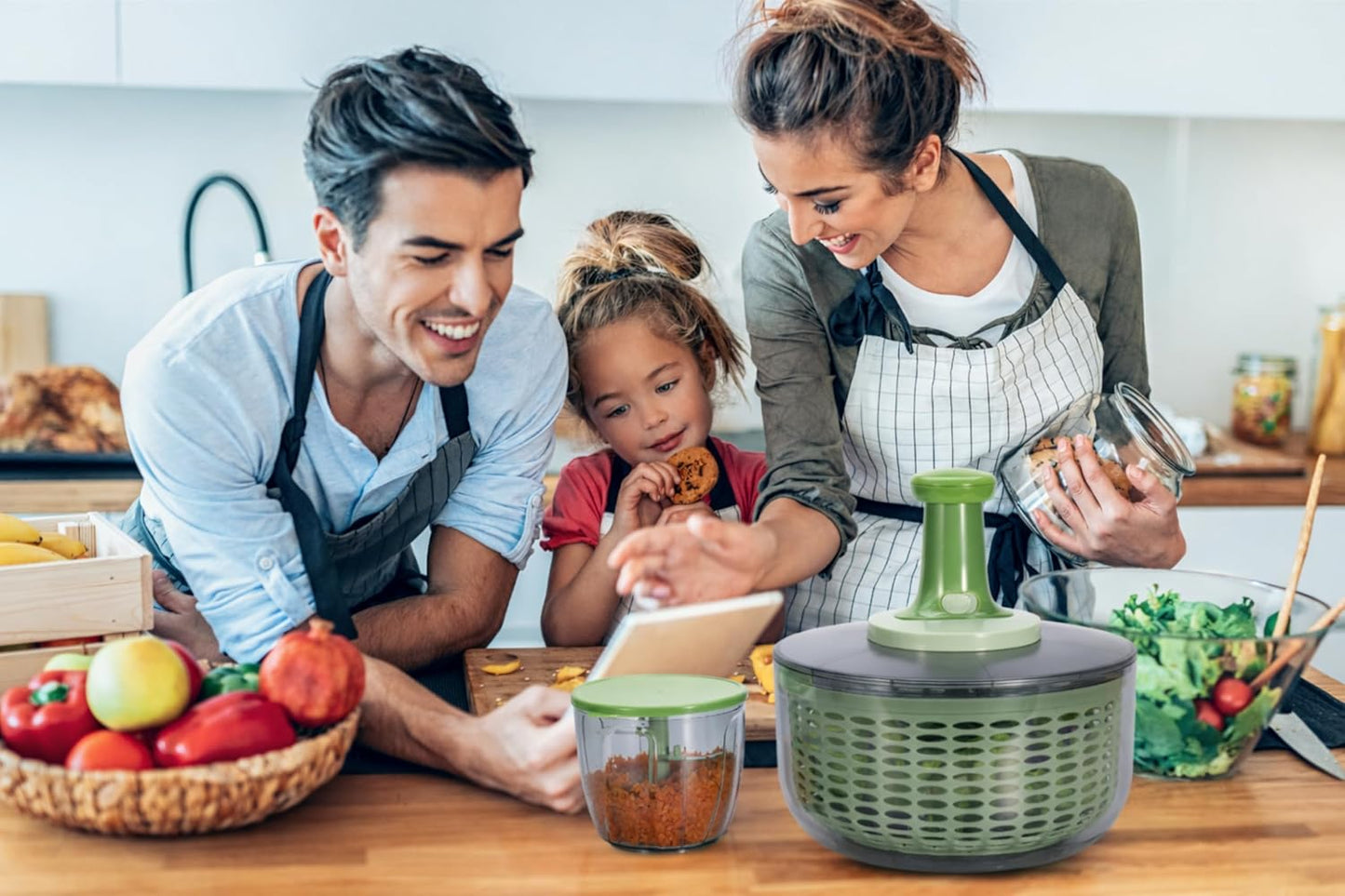 Salad Spinner and Chopper Combo: Large 6.34-Quart Lettuce Greens Vegetable Washer Dryer with Bonus 0.95-Quart Push Veggie Chopper Mixer, Storage Lids, Collapsible, No Electricity, Easy Prep