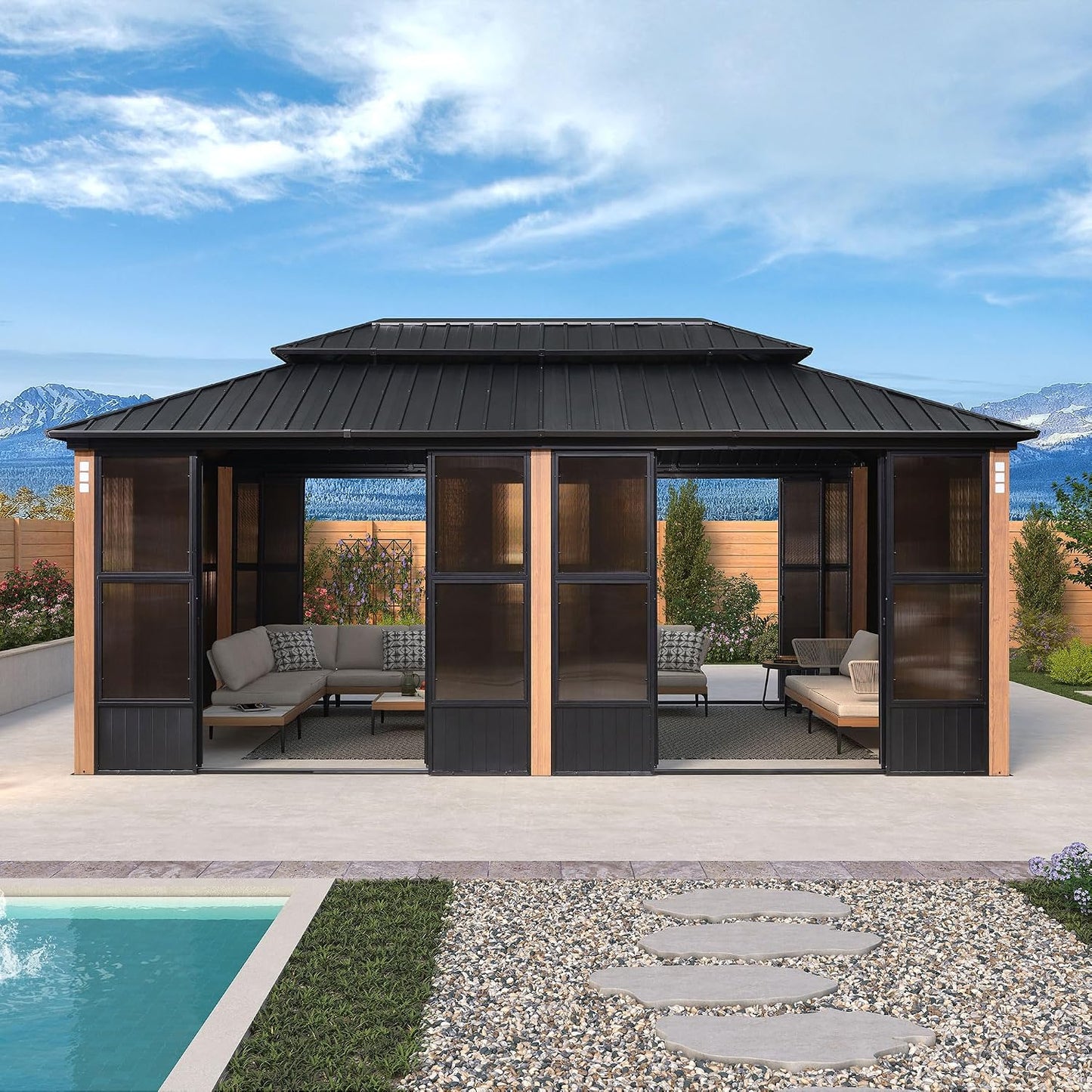 Sunroom 12' X 20' Solarium Double Roof Gazebo, Sliding Doors | Magnetic Design Easy Close, Tight Seal, Mesh and Removable Panels Adapts to Any Weather, Fits Sofas, Tvs, Spas, Poolside