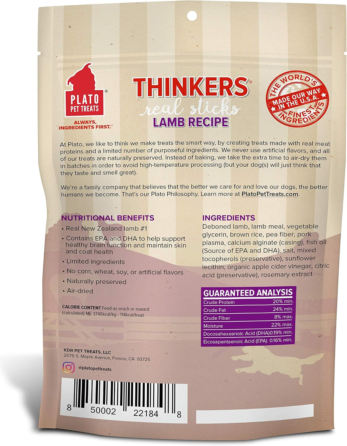 Pet Treats Air Dried Dog Treats Lamb Thinkers Sticks, Natural Dog Treats, Real Meat, Air Dried, Made in the USA, 6.5Oz