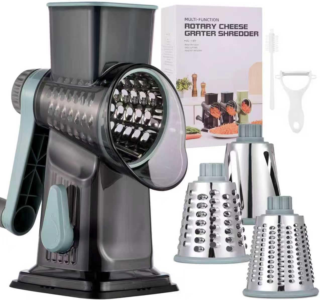 Rotary Cheese Grater with Handle Kitchen Shredder Slicer Grater Slicer Ice Shaver Cheese Vegetable Nuts Potato Zucchini Chocolate 3 Interchangeable Blades (Greyblue)