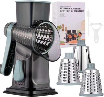 Rotary Cheese Grater with Handle Kitchen Shredder Slicer Grater Slicer Ice Shaver Cheese Vegetable Nuts Potato Zucchini Chocolate 3 Interchangeable Blades (Greyblue)