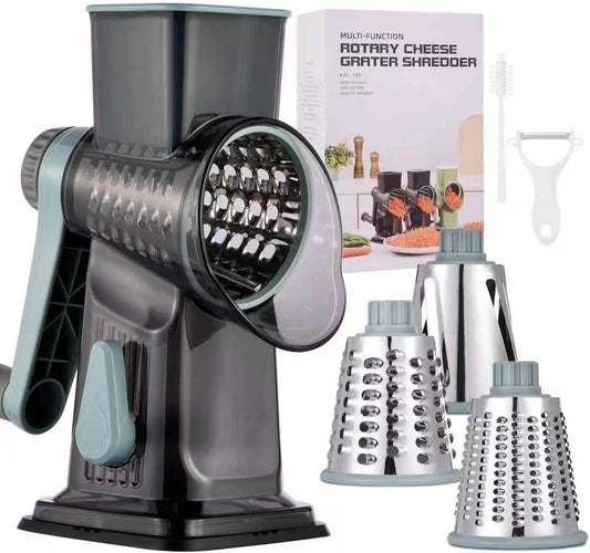 Rotary Cheese Grater with Handle Kitchen Shredder Slicer Grater Slicer Ice Shaver Cheese Vegetable Nuts Potato Zucchini Chocolate 3 Interchangeable Blades (Greyblue)