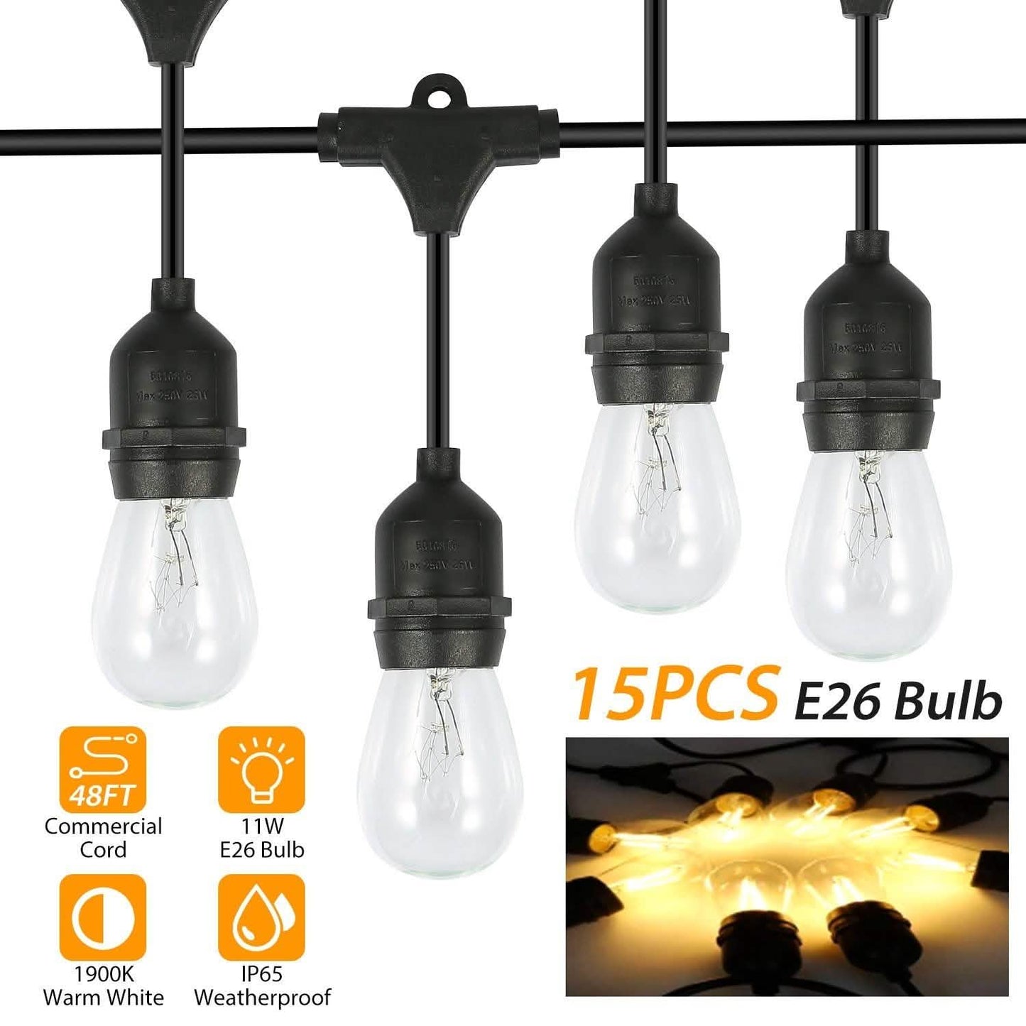 48ft Outdoor String Light Waterproof Patio String Lights Bulbs