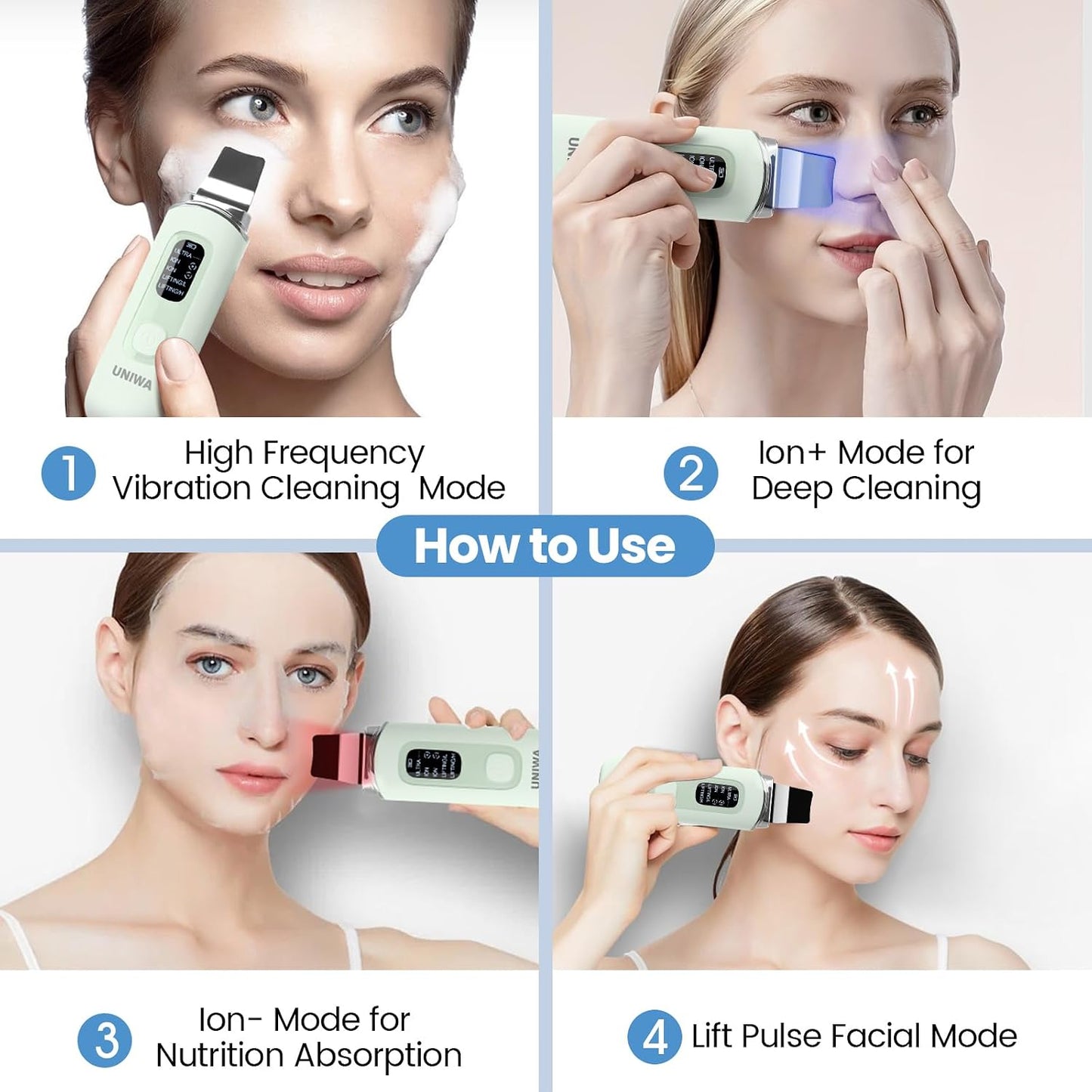 Skin Scrubber Face Spatula, Skin Scrubber Pore Cleaner Blackhead Remover Tool for Deep Facial Cleansing - 4 Modes, Face Spatula with USB Charger, LCD Display, IPX7 Waterproof -Green