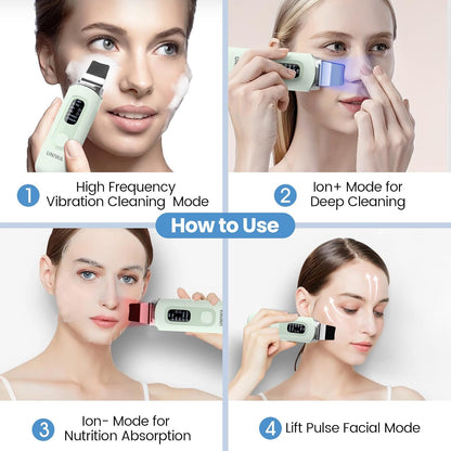 Skin Scrubber Face Spatula, Skin Scrubber Pore Cleaner Blackhead Remover Tool for Deep Facial Cleansing - 4 Modes, Face Spatula with USB Charger, LCD Display, IPX7 Waterproof -Green