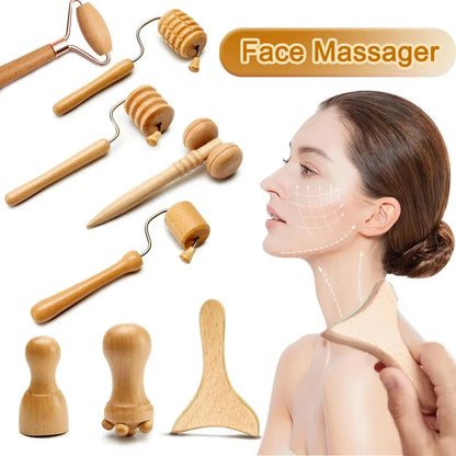1/7Pcs Face Massager Wooden Face Face Roller Mini Wood Therapy Face Wood Therapy Meridian Massage Kit Facial Roller Lifting