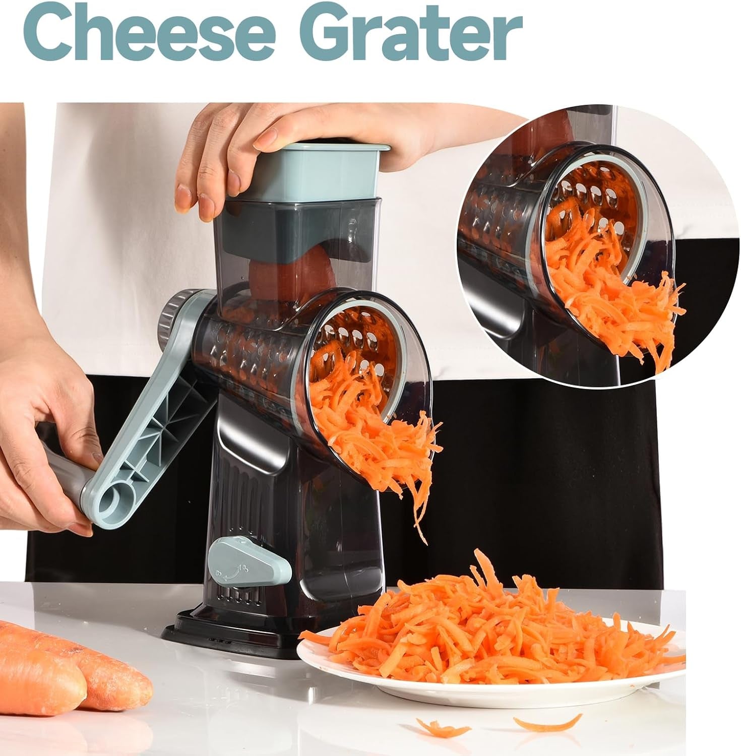 Rotary Cheese Grater with Handle Kitchen Shredder Slicer Grater Slicer Ice Shaver Cheese Vegetable Nuts Potato Zucchini Chocolate 3 Interchangeable Blades (Greyblue)