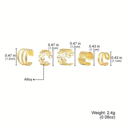 5-Pieces: Golden Leaf Cutout Ear Clips
