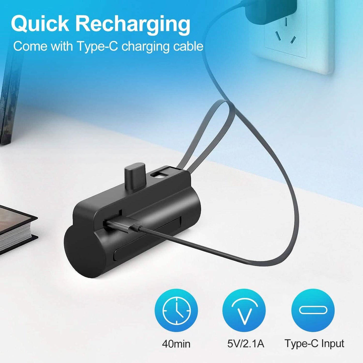 5000mAh Portable Phone Charger Built-in Type C Cable Dual Output