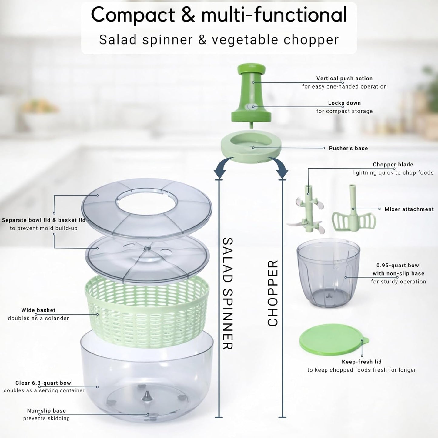 Salad Spinner and Chopper Combo: Large 6.34-Quart Lettuce Greens Vegetable Washer Dryer with Bonus 0.95-Quart Push Veggie Chopper Mixer, Storage Lids, Collapsible, No Electricity, Easy Prep
