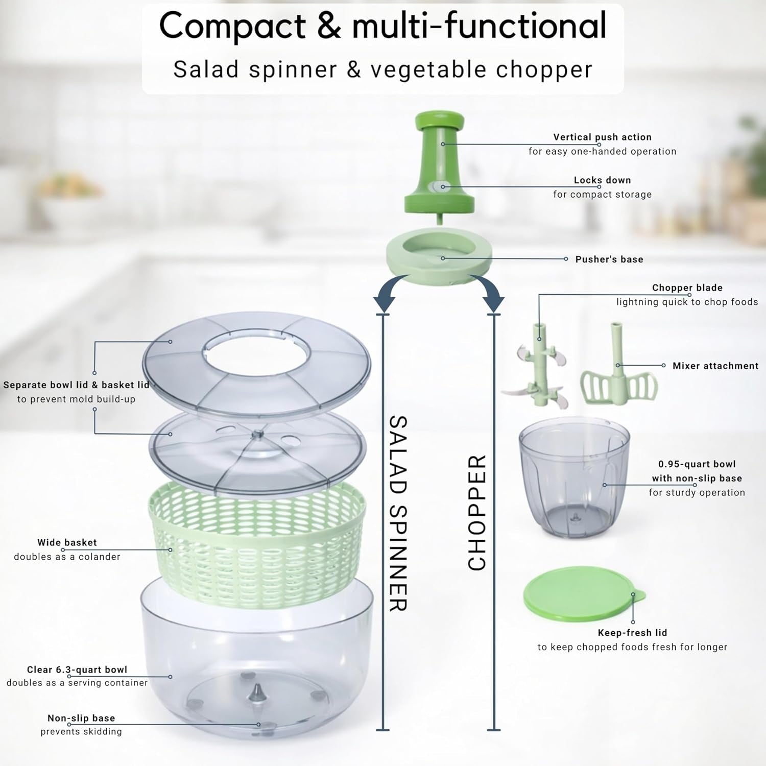 Salad Spinner and Chopper Combo: Large 6.34-Quart Lettuce Greens Vegetable Washer Dryer with Bonus 0.95-Quart Push Veggie Chopper Mixer, Storage Lids, Collapsible, No Electricity, Easy Prep