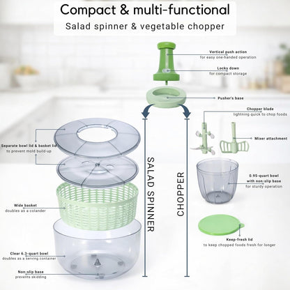 Salad Spinner and Chopper Combo: Large 6.34-Quart Lettuce Greens Vegetable Washer Dryer with Bonus 0.95-Quart Push Veggie Chopper Mixer, Storage Lids, Collapsible, No Electricity, Easy Prep