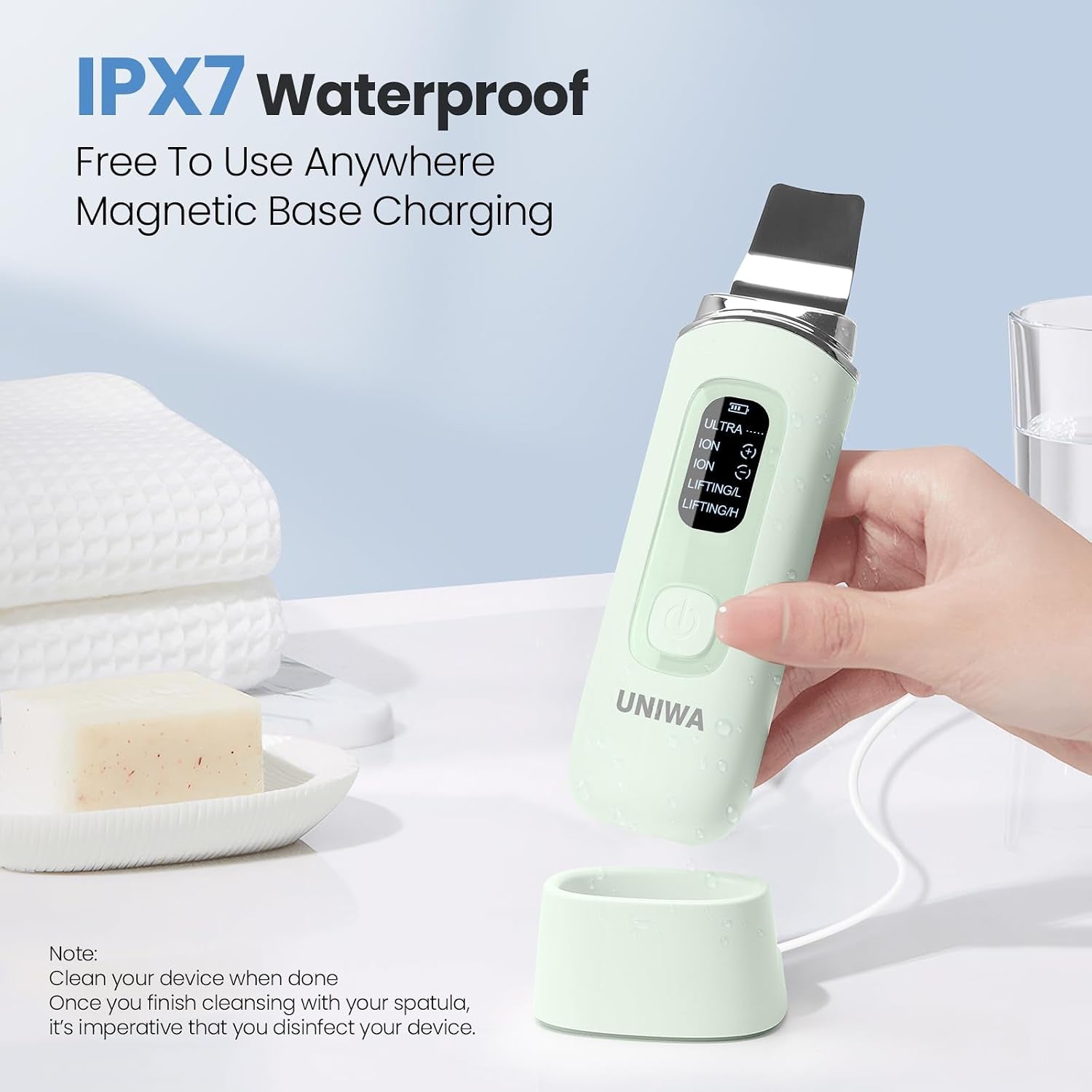 Skin Scrubber Face Spatula, Skin Scrubber Pore Cleaner Blackhead Remover Tool for Deep Facial Cleansing - 4 Modes, Face Spatula with USB Charger, LCD Display, IPX7 Waterproof -Green