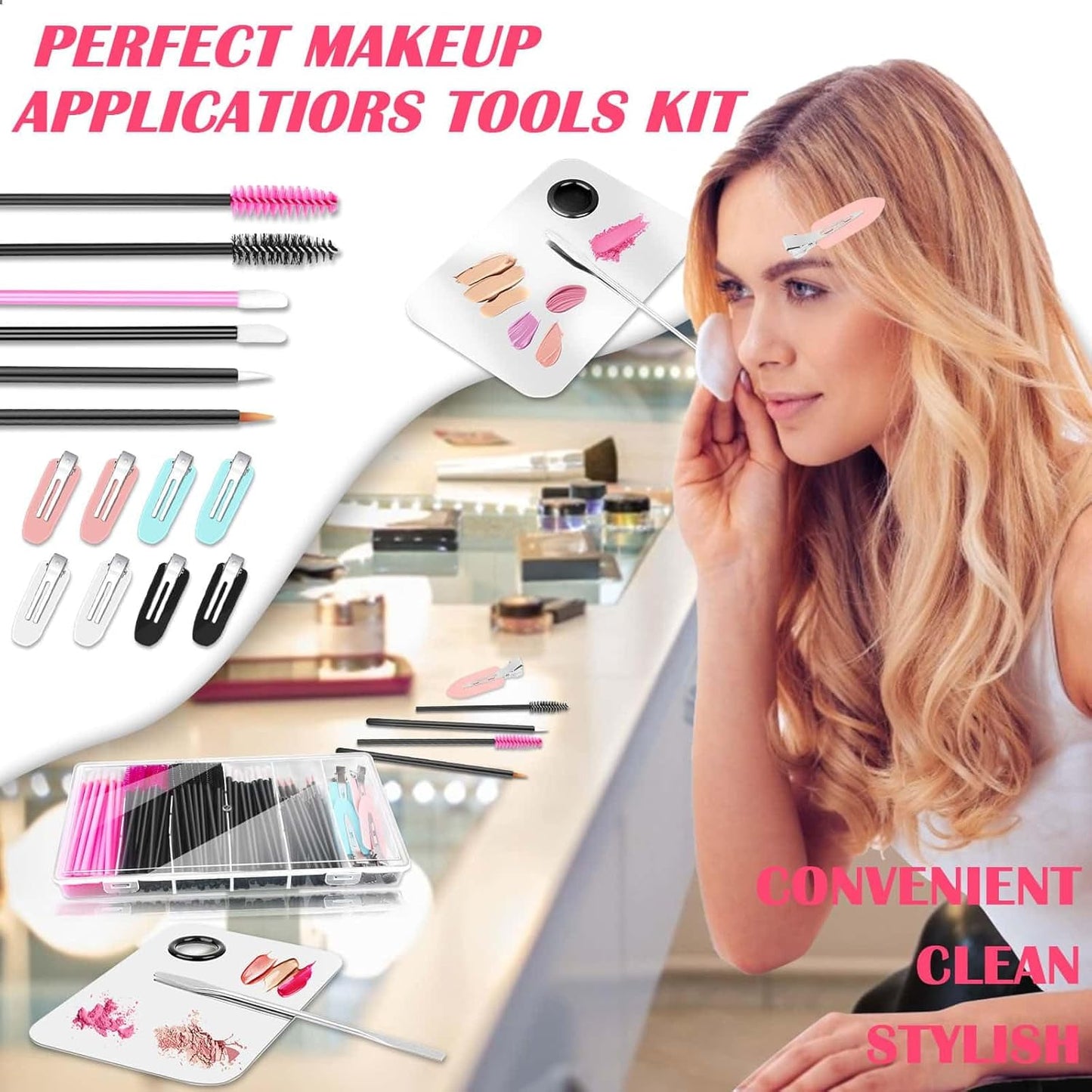 Makeup Mixing Tray with Disposable Accessories Kit - Mascara Wands, Lip Applicators, Hair Clips & Organizer Box