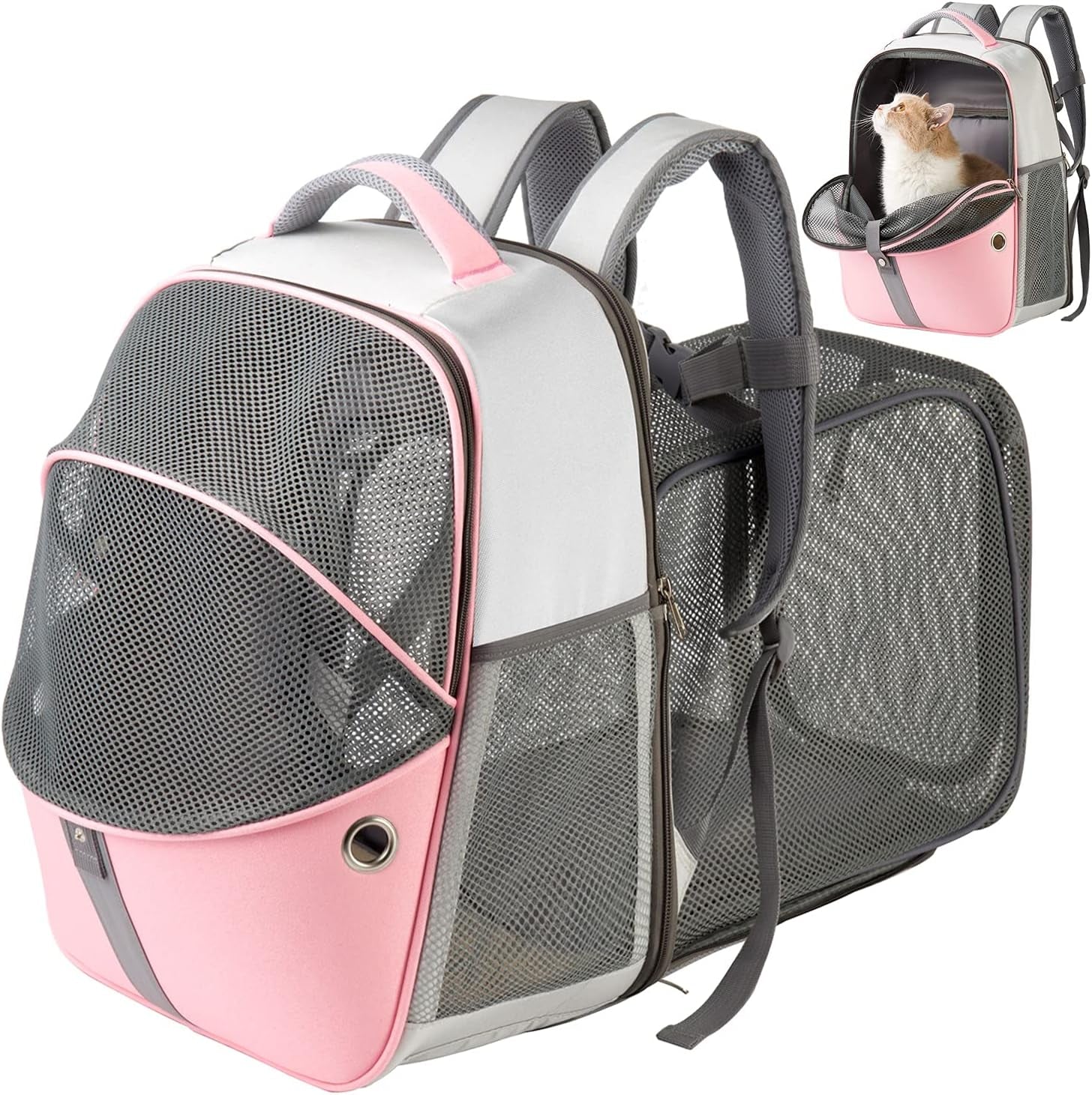 Pet Backpack Expandable - Cat Backpack Expandable - Pet Expandable Backpack Carrier for Small Dogs Backpack Carrier,Mesh Expandable Cat Backpack Carrier up to 16Lbs, Escape-Proof Zipper, Pink