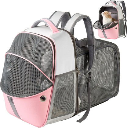 Pet Backpack Expandable - Cat Backpack Expandable - Pet Expandable Backpack Carrier for Small Dogs Backpack Carrier,Mesh Expandable Cat Backpack Carrier up to 16Lbs, Escape-Proof Zipper, Pink