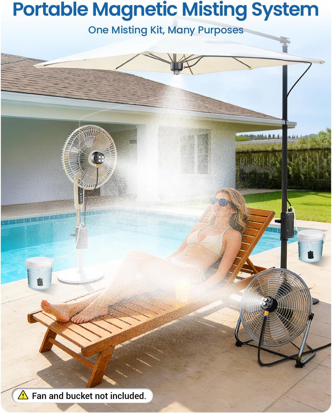 Portable Magnetic Misting System with Pump, 6000Mah Outdoor Fan Misters Kit for outside Patio Golf Cart, Water Sprayer for Cooling Sport, Canopy, Beach, Camp, Gazebo, Umbrella, Dugout- 4 Nozzles