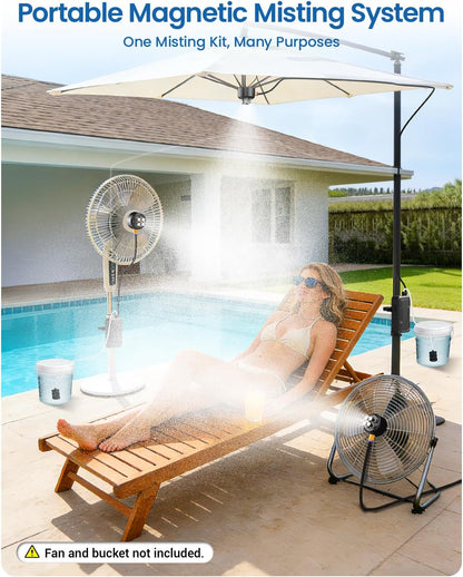 Portable Magnetic Misting System with Pump, 6000Mah Outdoor Fan Misters Kit for outside Patio Golf Cart, Water Sprayer for Cooling Sport, Canopy, Beach, Camp, Gazebo, Umbrella, Dugout- 4 Nozzles