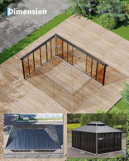 12'X16' Hardtop Gazebo Sunroom, Enclosed Gazebo with Floor-To-Ceiling Sliding Doors, Heavy Duty Aluminum Alloy Frame, Gray Acrylic Panel Outdoor Solarium for Backyard Patio Deck