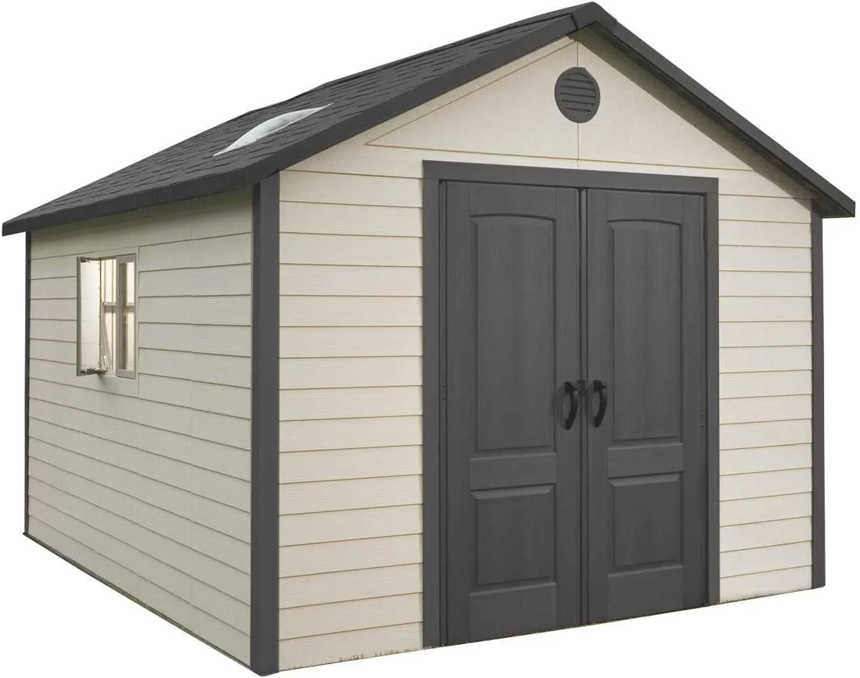 Lockable DIY Polyethylene Outdoor Storage Shed, 11' X 13.5', Tan & Brown (6415)