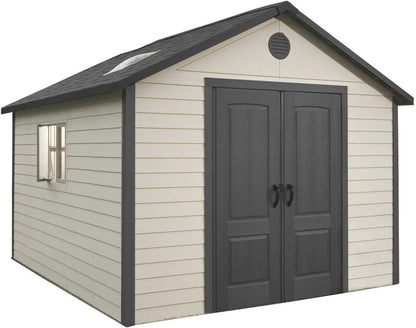 Lockable DIY Polyethylene Outdoor Storage Shed, 11' X 13.5', Tan & Brown (6415)