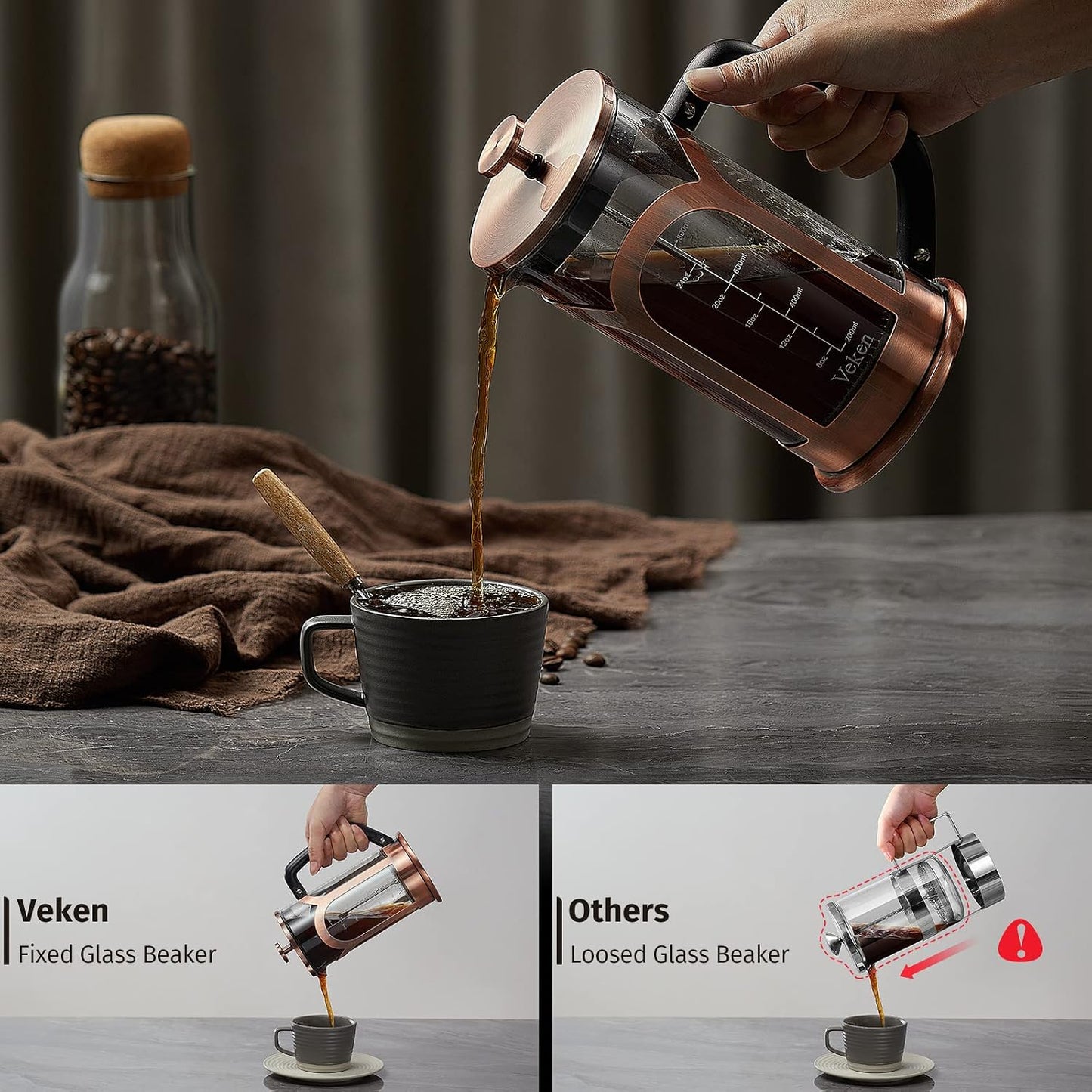 French Press Coffee & Tea Maker, 304 Stainless Steel Heat Resistant Borosilicate Glass Coffee Press with 4 Filter Screens, Durable Easy Clean 100% BPA Free, 34Oz, Copper