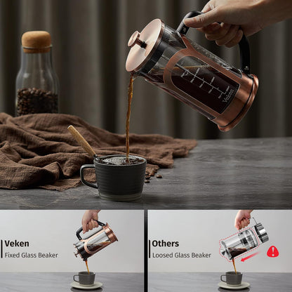 French Press Coffee & Tea Maker, 304 Stainless Steel Heat Resistant Borosilicate Glass Coffee Press with 4 Filter Screens, Durable Easy Clean 100% BPA Free, 34Oz, Copper