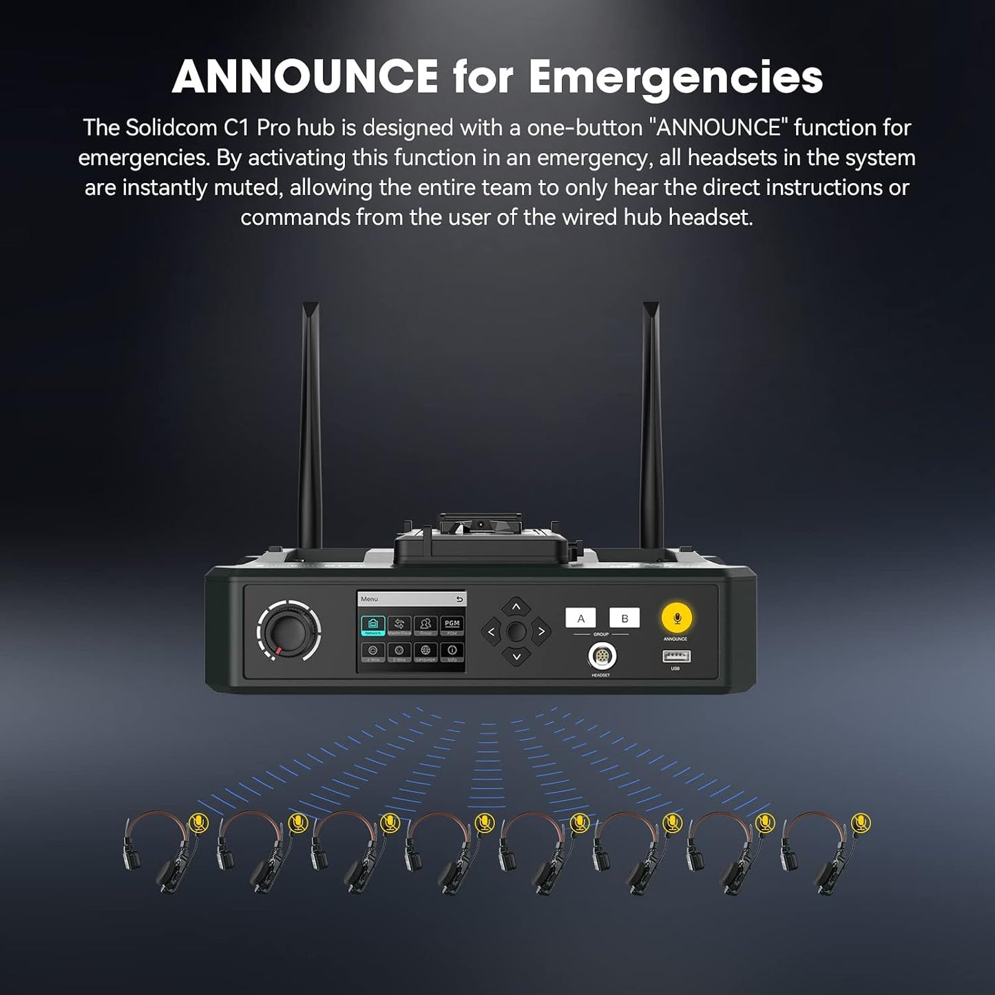 Hollyland Solidcom C1 PRO 9-Users Wireless Headset Intercom System ENC Noise Cancellation with Base Station, 1.9Ghz Full-Duplex Team Communication with AB Grouping Cloud Meeting Announcement