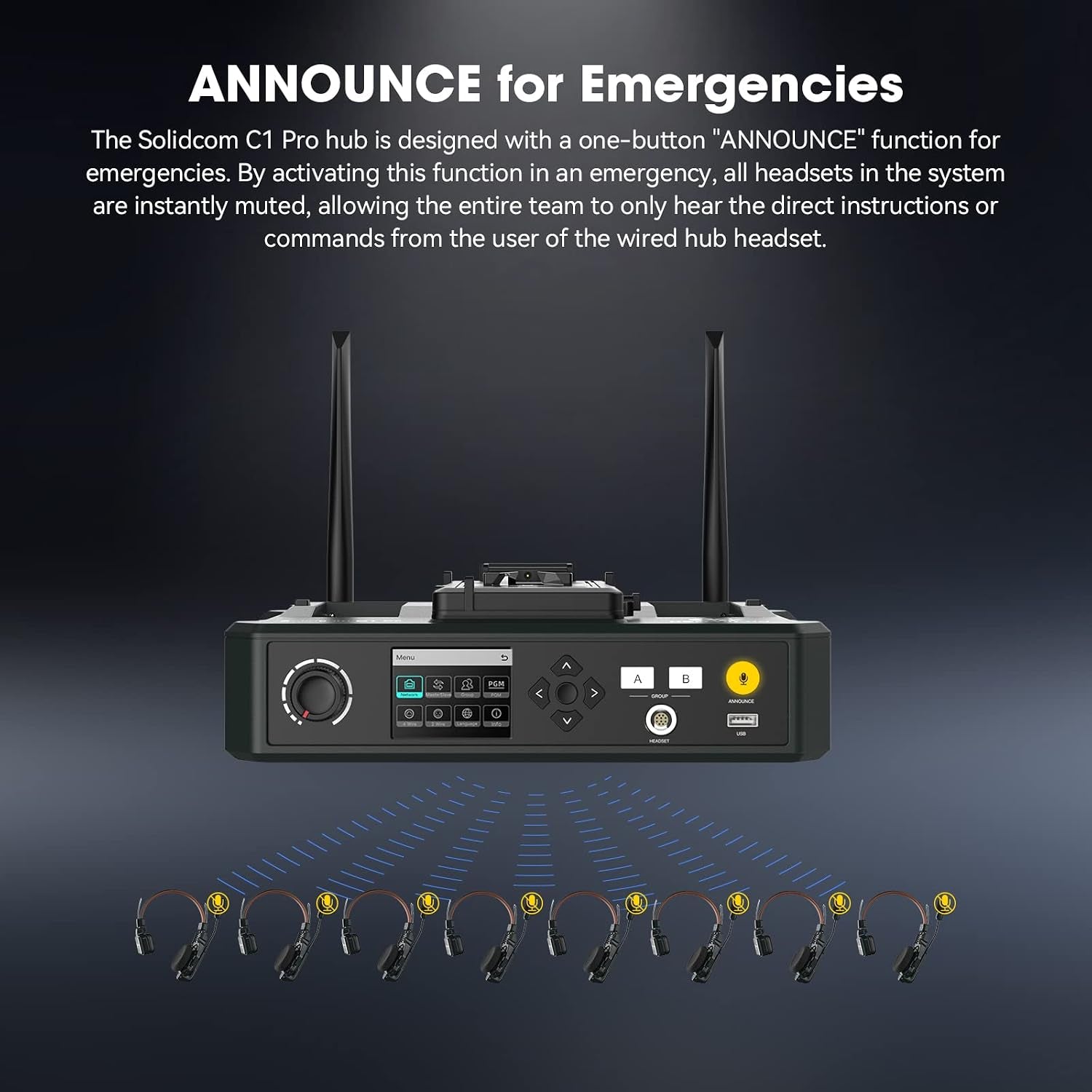 Hollyland Solidcom C1 PRO 9-Users Wireless Headset Intercom System ENC Noise Cancellation with Base Station, 1.9Ghz Full-Duplex Team Communication with AB Grouping Cloud Meeting Announcement
