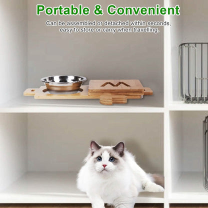 5°Tilt Bamboo Double Elevated Dog Bowls with 4 Adjustable Heights