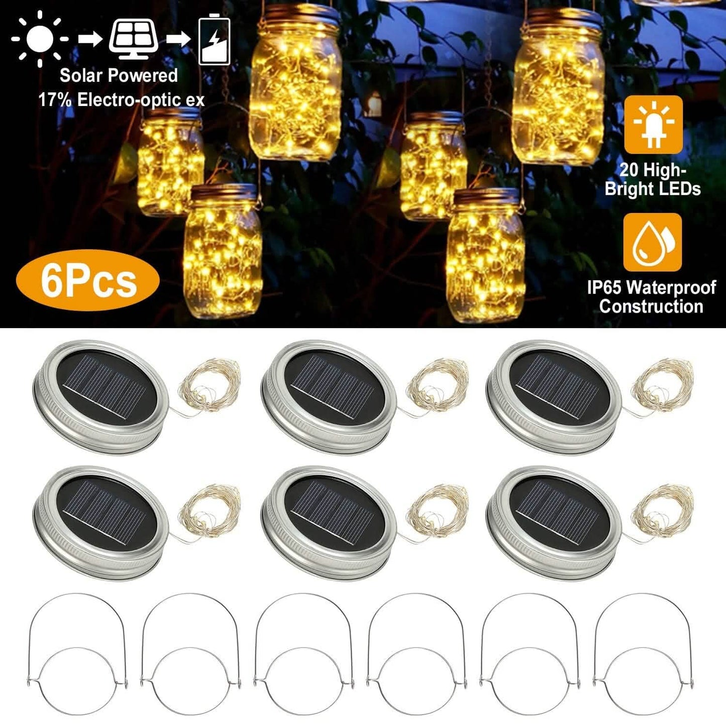 6-Pieces: Solar Powered Mason Jar Lid Lights 20 LEDs