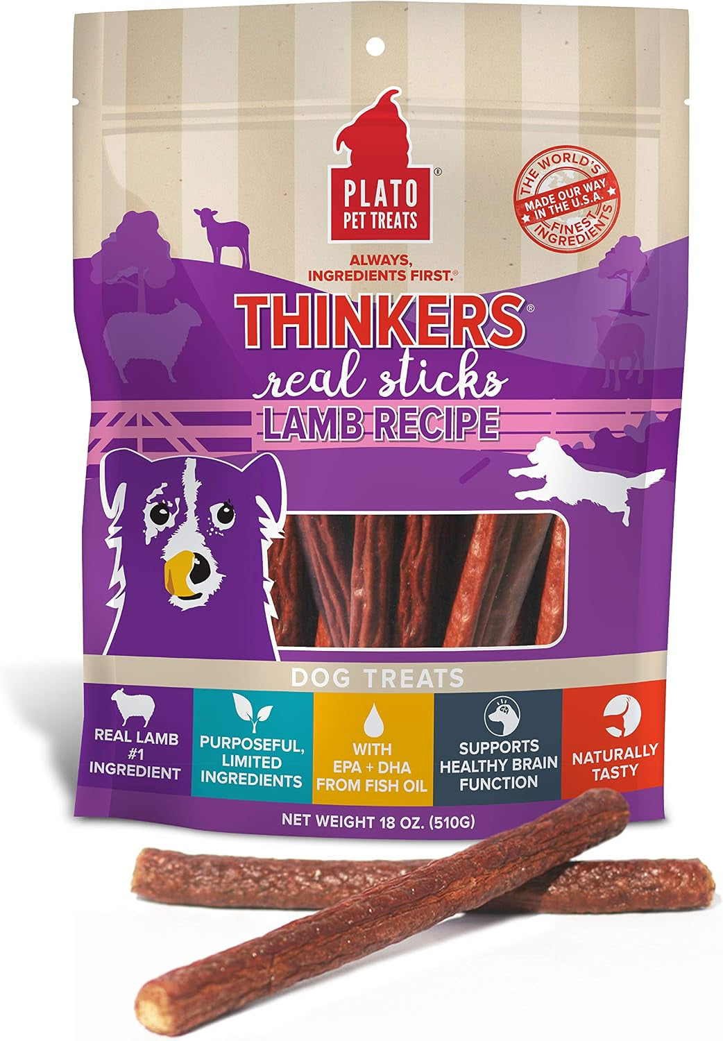 Pet Treats Air Dried Dog Treats Lamb Thinkers Sticks, Natural Dog Treats, Real Meat, Air Dried, Made in the USA, 6.5Oz