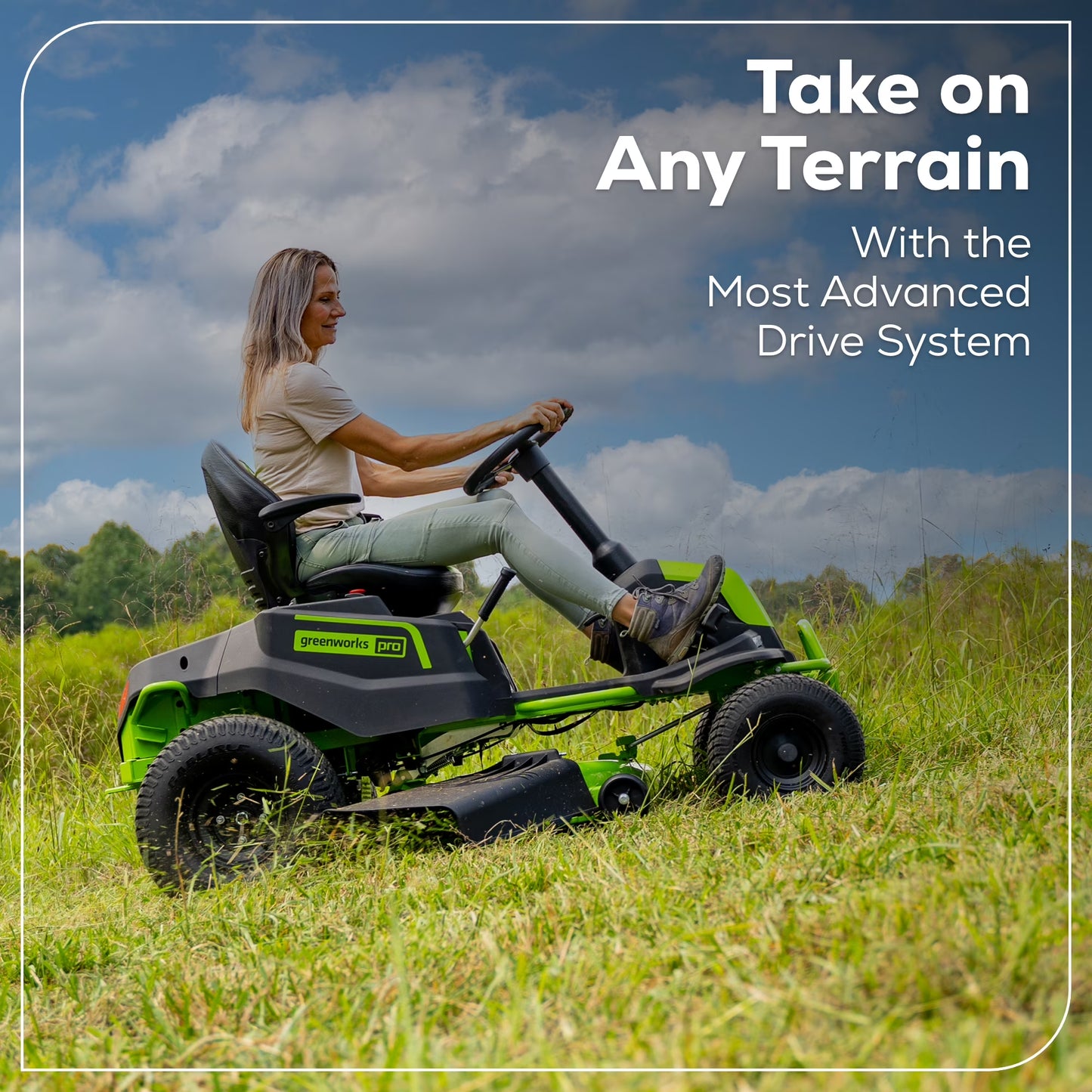 60V 42" Cordless Battery Crossovert Riding Lawn Mower with Six (6) 8.0Ah Batteries & Three (3) Dual Port Turbo Chargers 7409002