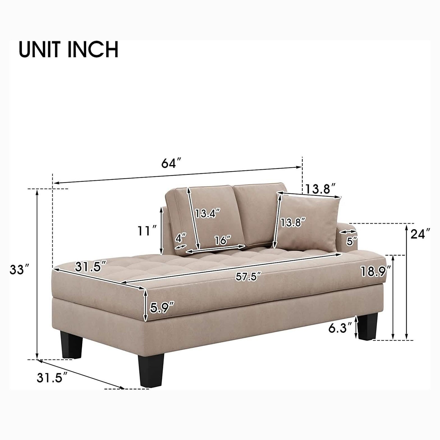 64" Deep Tufted Upholstered Textured Fabric Chaise Lounge Toss Pillow Included