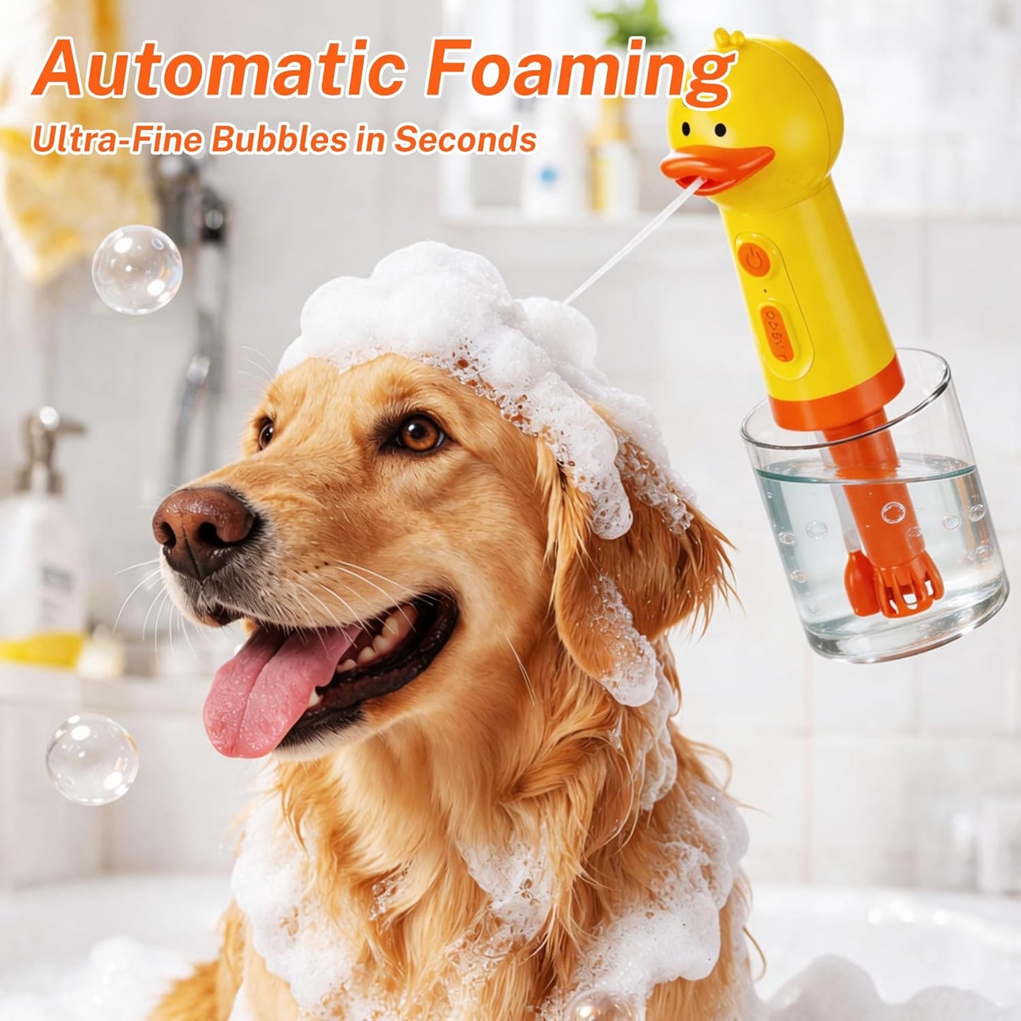 Electric Duck Foam Sprayer with Automatic Foaming Soap Dispenser, Rechargeable Dog Shampoo Dispenser, Suitable for Dog Bath, Kitchen and Pet Cleaning,10.08 × 3.27 × 3.27 Inch