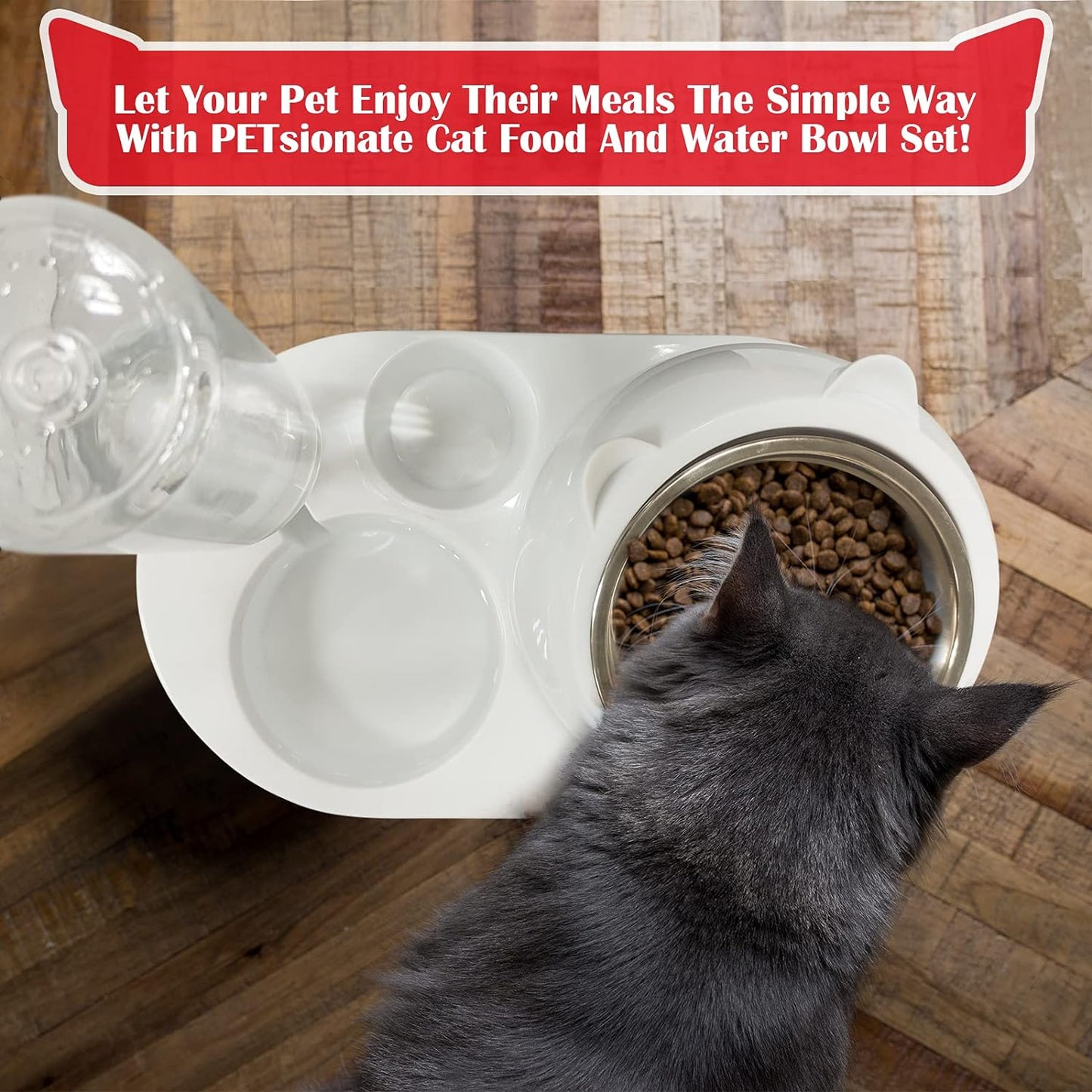 Petsionate Cat Food and Water Bowl Set - Cat Feeder and Water Dispenser Tilted - Gravity Cat Bowls for Food and Water - Automatic Dog and Cat Feeding & Watering Supplies – Elevated Cat Dish - 20Oz