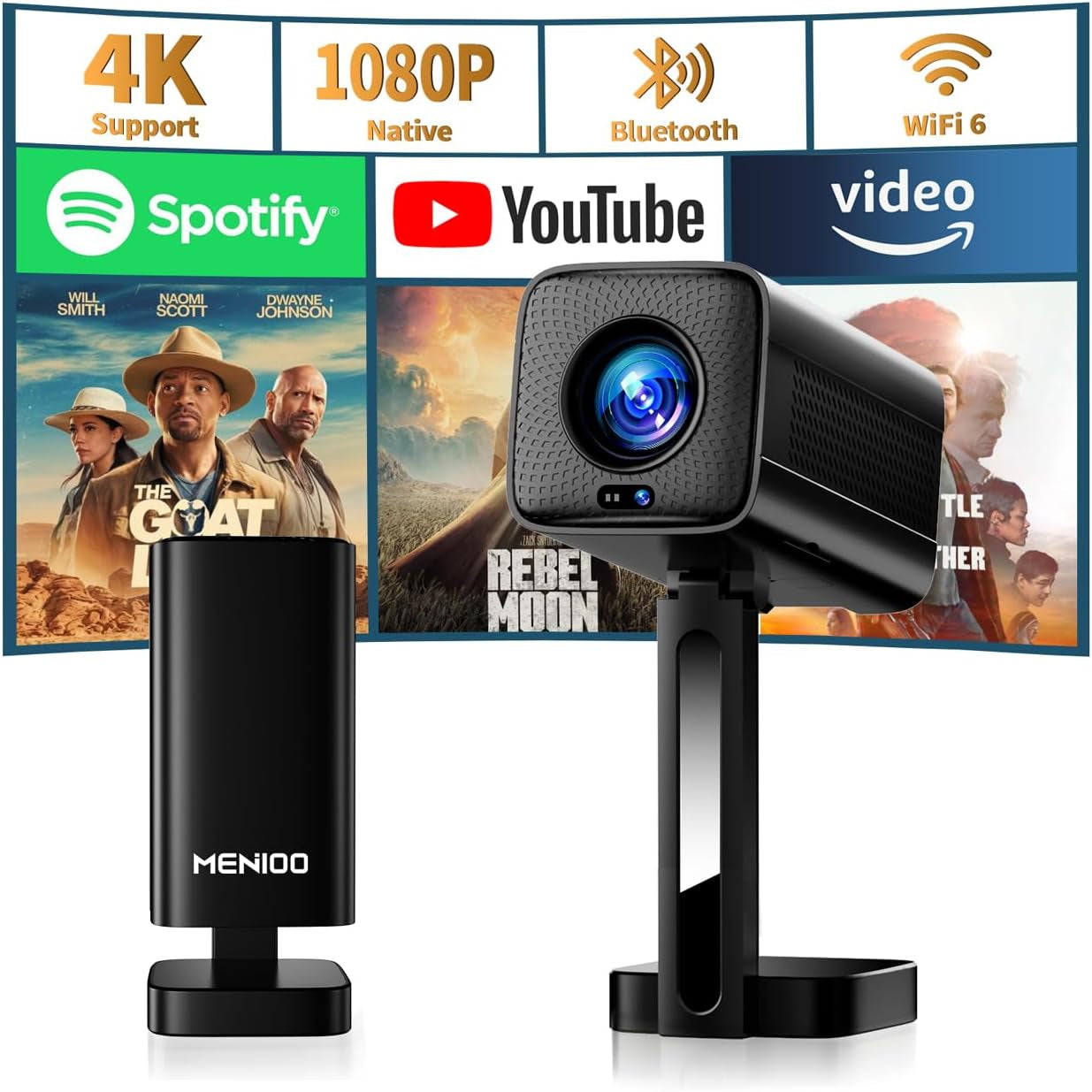 Mini Projector 4K 1280P [2026 Upgraded Built-In Apps] Projector with Wifi 6 and Bluetooth 5.4, Auto Focus & Keystone Correction Smart Projector Compatible with HDMI/TV Stick/Laptop/Usb,Black