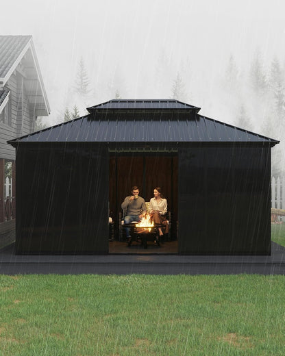 12'X16' Hardtop Gazebo Sunroom, Enclosed Gazebo with Floor-To-Ceiling Sliding Doors, Heavy Duty Aluminum Alloy Frame, Gray Acrylic Panel Outdoor Solarium for Backyard Patio Deck