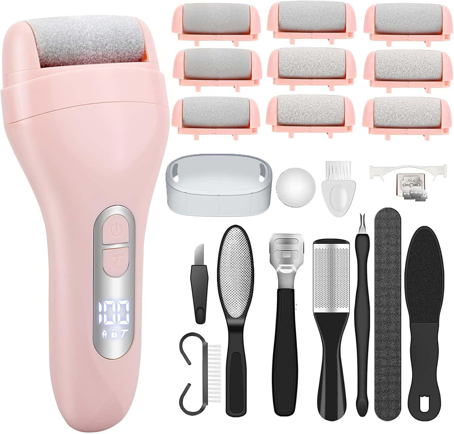 Electric Callus Remover for Feet - with 9Pcs Larger Grinding Head, Portable Pedicure Kit Foot File Callus Remover, Rechargeable Waterproof Foot File for Foot Care Deadskin Remover LCD Display-Pink