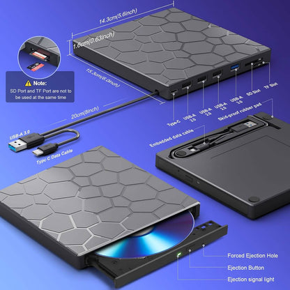 High-Speed USB 3.0 External CD/DVD Drive with Burner – Plug & Play, Windows & Mac Compatible