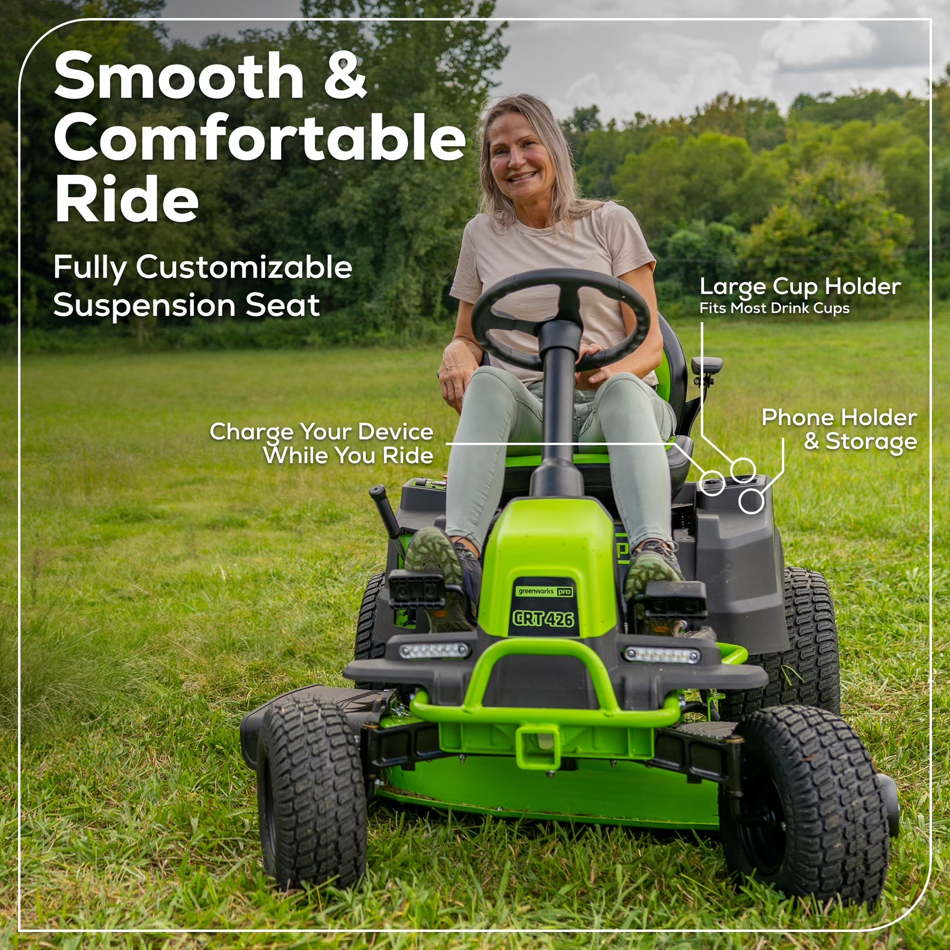 60V 42" Cordless Battery Crossovert Riding Lawn Mower with Six (6) 8.0Ah Batteries & Three (3) Dual Port Turbo Chargers 7409002