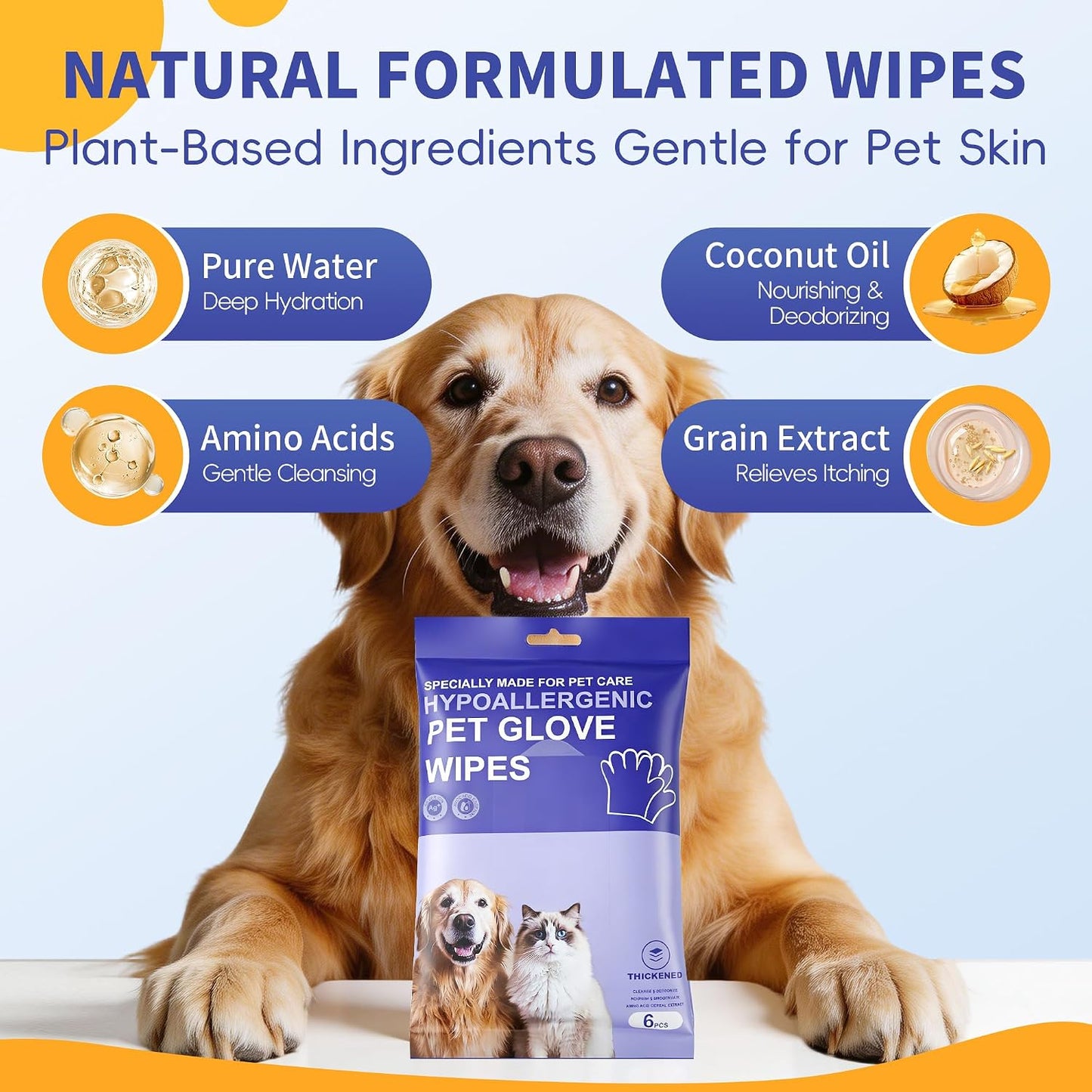 Pet Glove Wipes for Dogs Cats, Grooming Deodorizing Puppy Face Paws Fur and Butt Gloves Wipe, Unscented Extra Thick Travel Cleaning Care Hypoallergenic No Rinse Disposable Bathing Dog Wipes, 24 Pcs