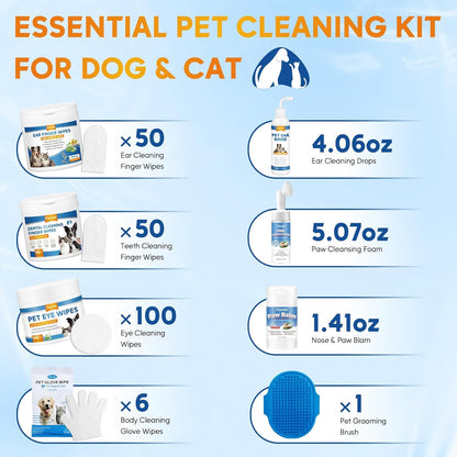Dog Wipes Cleaning Deodorizing, Grooming Wipes & Paw Cleaner, Pet Cleaning Kit for Teeth, Ears, Eyes, Paw, Body, Ear Rinse, Essential Dog Supplies Set