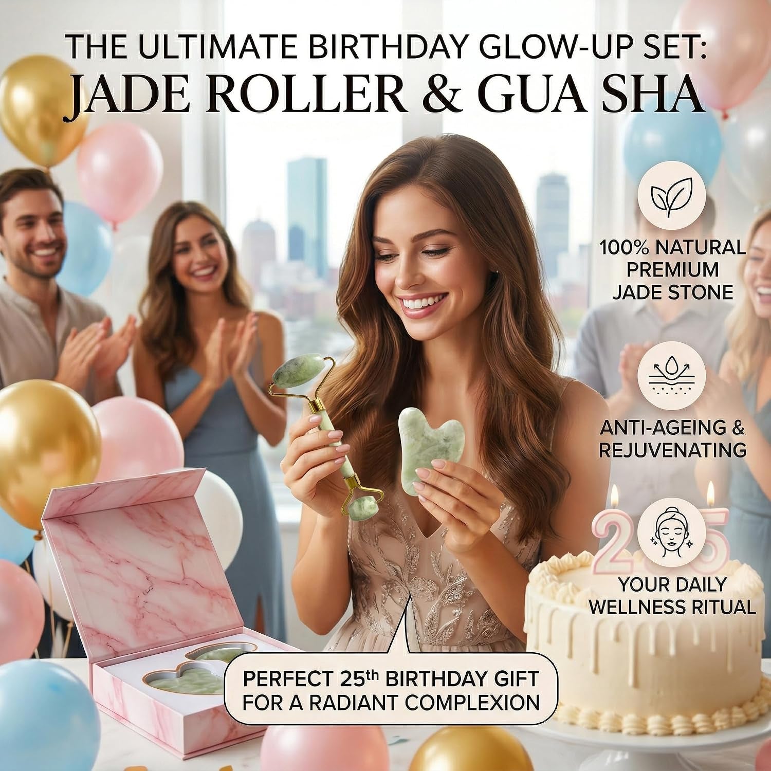 Jade Roller and Gua Sha Set - Face Roller for Face, Eyes, Neck - Skin Care Tools for Women Gifts, Beauty Facial Massager for Puffiness - Ice Roller Self Care Products for Teen Girls