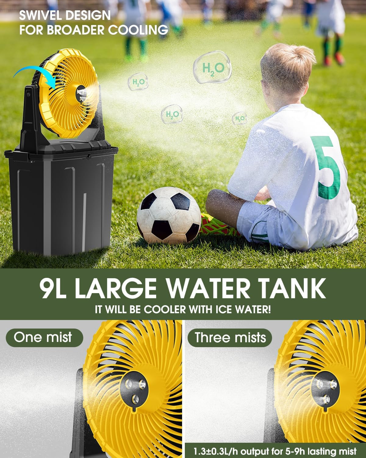 Portable Misting Fan, 9L 10-Inch Outdoor Mist Fans for outside Patios Cooling, 20000Mah Rechargeable Battery Fan with Water Box, 3 Strong Winds, 3 Spray Mister, Camping/Beach Summer Essentials
