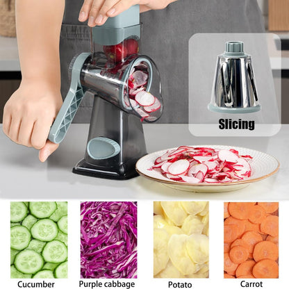 Rotary Cheese Grater Shredder with Handle Handheld round Mandoline Vegetable Slicer Carrot Shredder Nut Grinder with 3 Replaceable Stainless Steel Drum Blades and Upgrade Strong Suction, Grey/Cyan